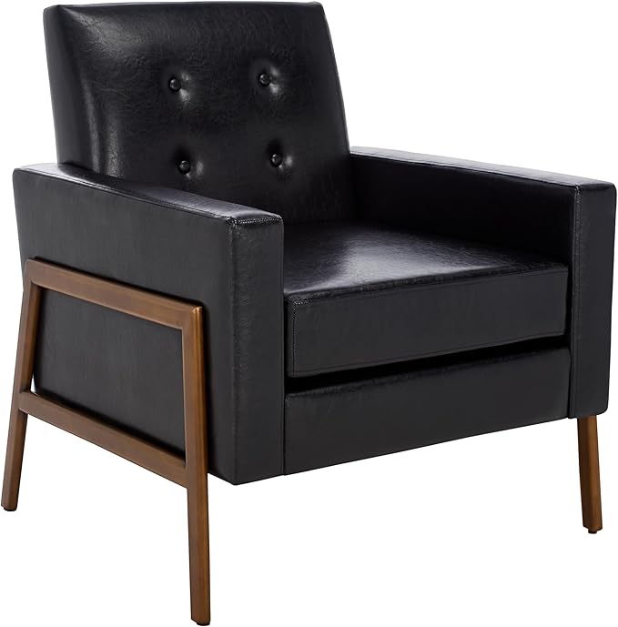 SAFAVIEH Home Collection - Roald Accent Chair Black Faux Leather Tufted Seat &amp Antique Brown Solid Wood Frame (ACH6209D)