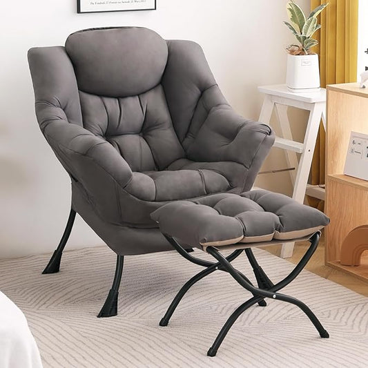 Lazy Chair with Ottoman Modern Accent Chair Contemporary Sofa Chair with Armrests Reading Chair and Folding Footstool Set for Living Room Bedroom Office Dark Grey