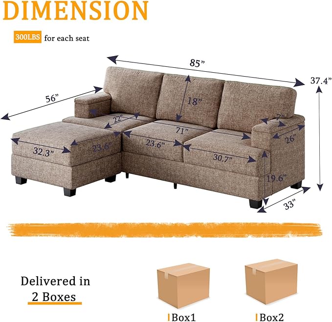 Sectional Couch Sofa with Armrest Organizer85 L Shaped Couch with OttomanVelvet Convertible Couches for Living RoomSofas Set with Single Chair for BedroomHome FurnitureBrown