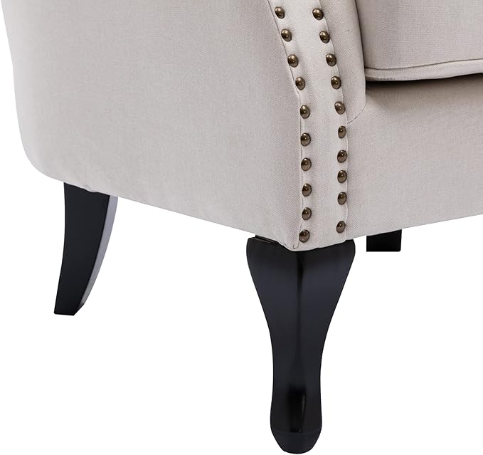 Mid Century Modern Accent Chair Upholstered Armchair Comfy Linen Fabric Single Sofa with Tufted Wingback for Small Spaces Bedroom Living Room Beige