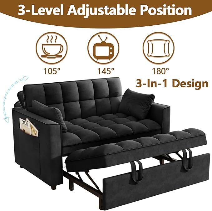 3 in 1 Convertible Sleeper Sofa Bed 52'' Velvet Pull Out Couch Bed with Comfy Pillows &amp Adjustable Backrest/Side PocketsFuton Loveseat Sleeper Sofa for Small Spaces Living Room Bedroom (Black)