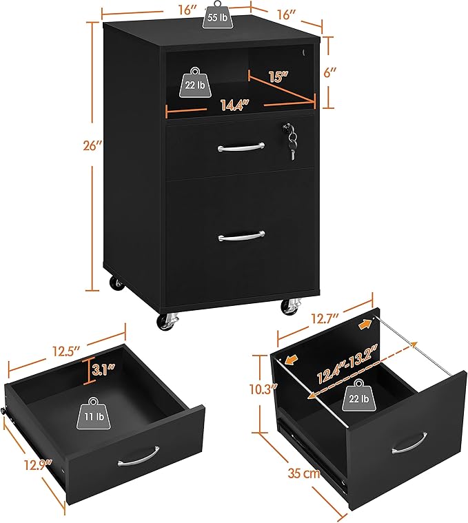 Topeakmart File Cabinet Movable Vertical Filing Cabinet with 2-Drawer and 1-Open Shelf Mobile Letter File Storage Oragnizer Lateral File Srorage on Wheels for A4/ Legal/Letter Black