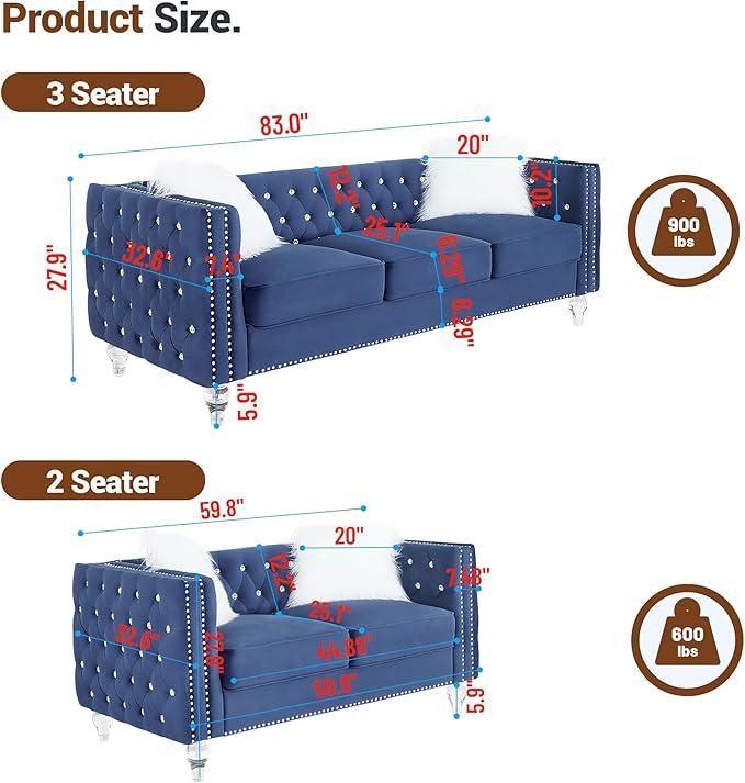 Luxury Chesterfiled Sofa Couch Set of 2 for Living Room2PC Modern Diamond Button Tufted Sofas with Acrylic Crystal Legs2 Piece Couches Set with Silver Nailhead Trim (Blue 2PC Sofa Set)