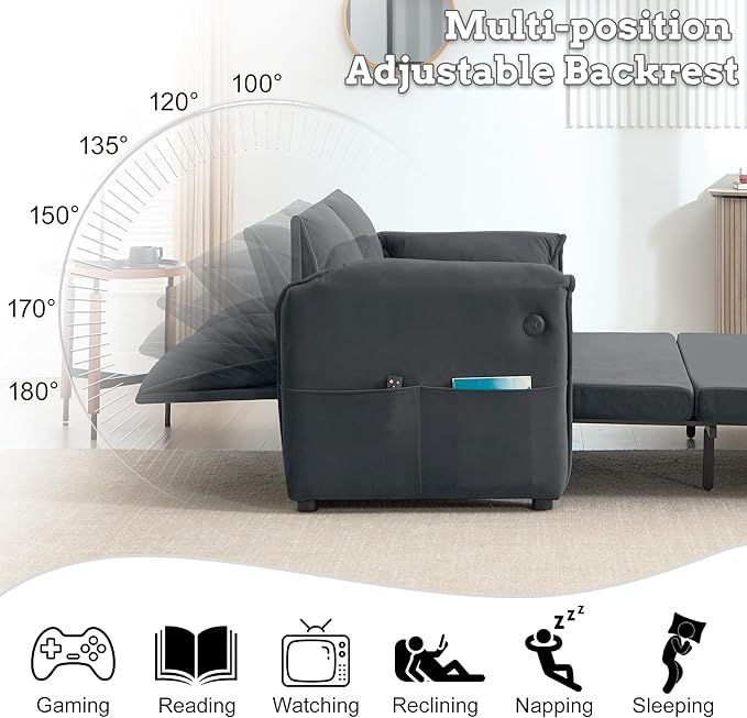 63 Velvet Pull Out Sofa Bed 3-in-1 Convertible Futon Loveseat Queen Sleeper Sofa Couch Bed with Adjustable Backrest USB Ports &amp Side Pockets Modern Sofas for Living Room Apartment Dark Grey