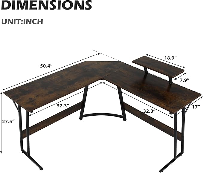L Shaped Gaming Desk Modern Computer Desk Home Office Desks with Large Monitor Riser Stand Sturdy PC Desk for Bedroom Minimalist Brown 50Inch