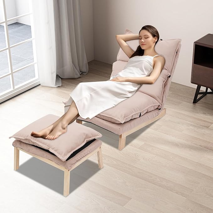 Single Lazy Leisure Chair Adjustable Recliner Balcony Reclining Japanese Tatami Chair with Ottoman Floor Seating Lounge Chair with Backrest and Footrest Upholstered Chair for Living Bedroom (Beige)