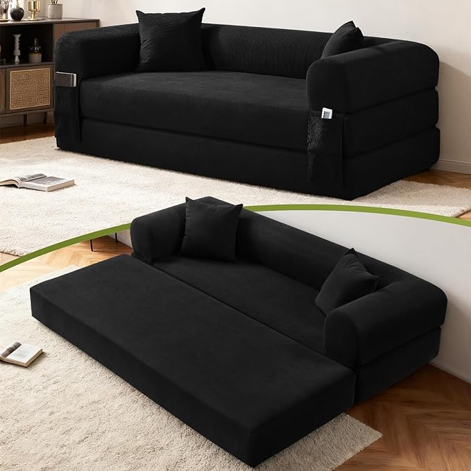 Convertible Futon Sofa Bed80 Folding Pull Out Couch with Pillows &amp Storage Pocket (Black Corduroy-30 W)