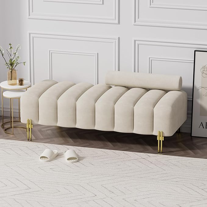 Small Loveseat Sofa Couch 52.2 Modern Velvet Mini Sofa for Bedroom Golden Legs Channel Tufted Window Bench with Adjustable Back for Living Room Apartment Compact Space Beige White