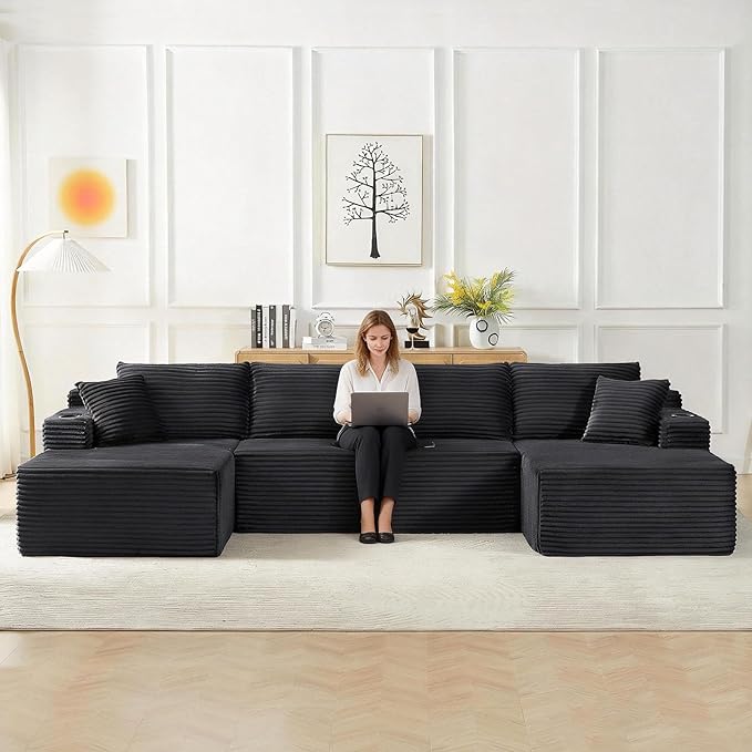 133.5 Oversized U Shaped Sectional Couch Boneless Cloud Couches for Living Room Corduroy Comfort Modular Deep Seat Sofa with Chaise Cup Holders &amp Storage Pocket No Assembly Dark Grey