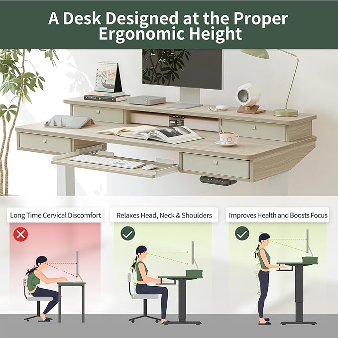 FEZIBO 55'' x 24 Height Adjustable Electric Standing Desk with 4 Drawers and Keyboard Tray Home Office Table for Work Study Gaming Writing Light Walnut
