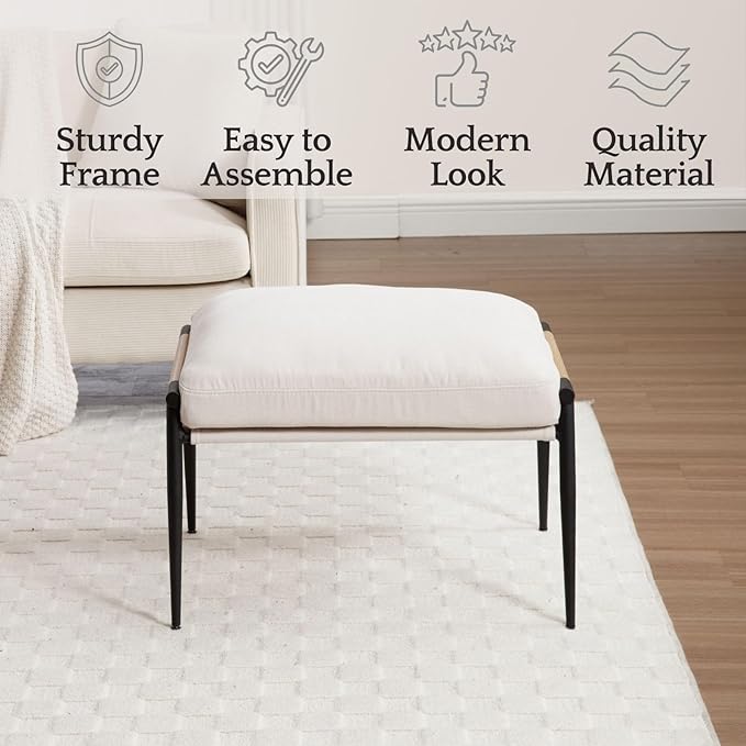 LukeAlon Upholstered Chenille Footstool Modern Ottoman Footrest Small Shoe Stool with Black Metal Legs Mid Century Vanity Stool with Wooden Armrests for Living Room Entrance Cushion Removable Beige