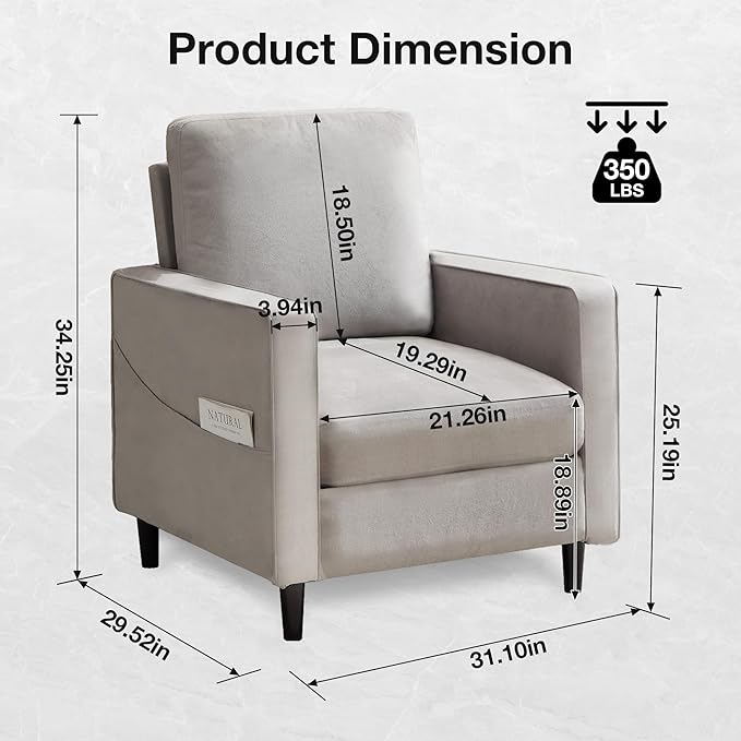 Mid Century Accent ChairModern Linen Fabric Armchair for Living RoomDouble Side Pockets Comfortable and Padded Reading Feature Sofa Chair Suitable for bedrooms Living Rooms and Offices1 Pcs