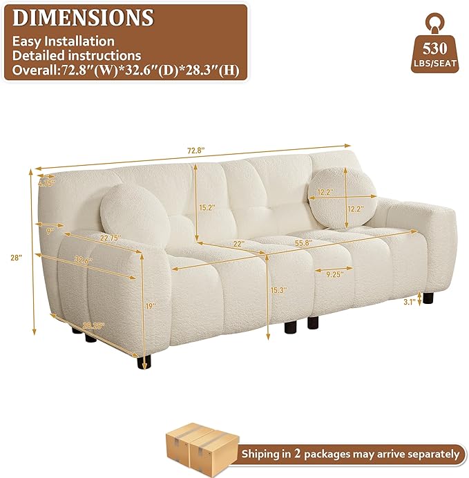 73 Boucle Cloud Sofa Couch with 2 Soft PillowsComfy Upholstered Teddy 2 Seater LoveSeat SofaModern Deep Seat Sherpa Cloud Couch Oversized Love Seat for Living Room Bedroom Apartment Beige White