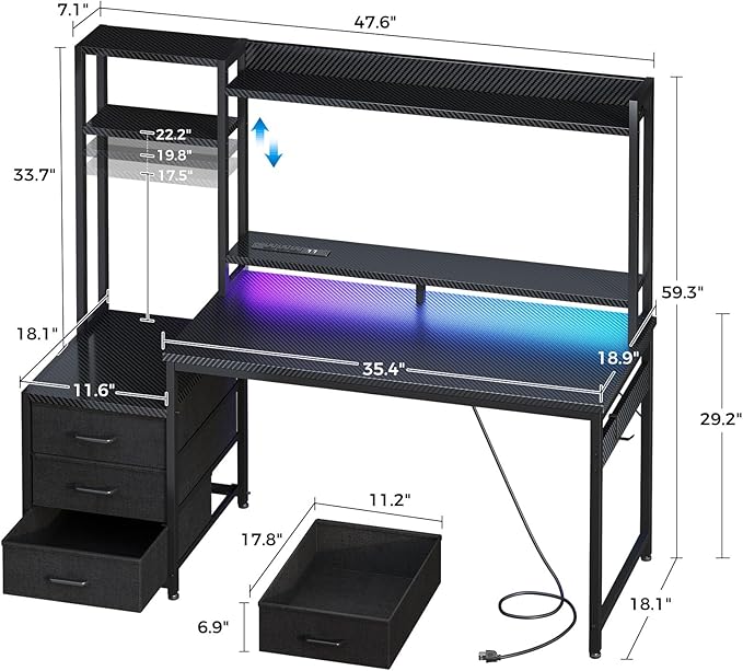 Casaottima 48 Inch Gaming Desk with Hutch &amp 3 Fabric Drawers Computer Desk with USB Ports &amp LED Lights Reversible Pc Gamer Table with Monitor Stand for Home Office Carbon Fiber Black