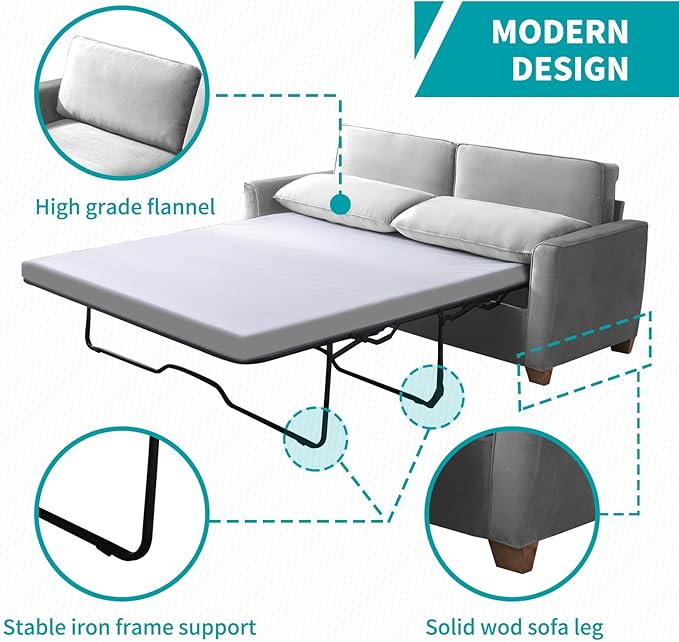 BALUS Full Pull Out Sofa Bed 71 Width 2-in-1 Velvet Loveseat Sleeper Sofa Pullout Couch Bed with Memory Foam Pillows and Mattress for Living Room Furniture Office Apartment Small Space Light Grey