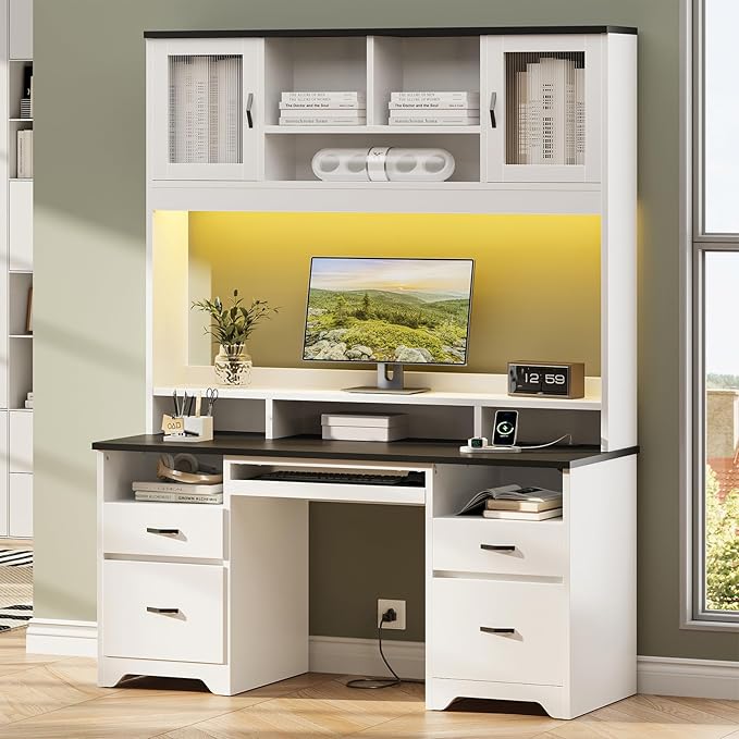 Bestier 77.8 H Executive Desk with Hutch Modern Wood Computer Desk with Drawers Charging Station LED Light Fluted Storage Cabinet Keyboard Tray 59 W Office Desk for Home Office White