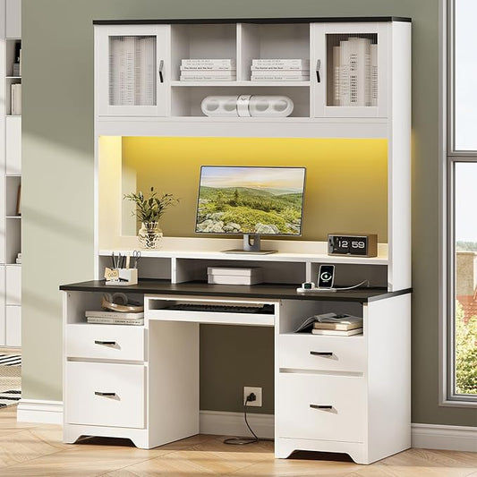 Bestier 77.8 H Executive Desk with Hutch Modern Wood Computer Desk with Drawers Charging Station LED Light Fluted Storage Cabinet Keyboard Tray 59 W Office Desk for Home Office White