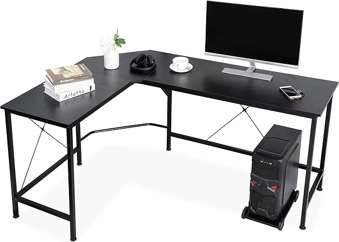 HomGarden L-Shaped Computer Desk Modern Corner Table PC Laptop Study Workstation Home Office Desk Wood Desktop Metal Frame(Black)