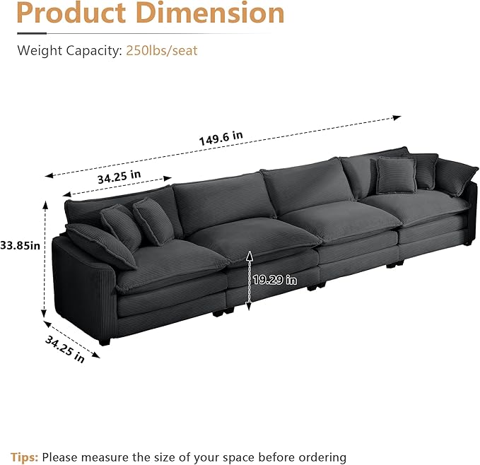 Oversized Modular Sectional Sofa 149.5'' Modern Corduroy Comfy Cloud Couches for Living Room Apartment Deep Seat 4-Seater Sofa with 2 Armrest Pillows and 4 Toss Pillows Grey