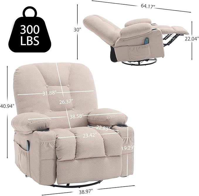Rocker Recliner Chair with Massage and Heat Oversized Rocking Nursery Recliners Chair Overstuffed Swivel Glider with Cup Holder Fabric Manual Single Sofa for Living Room Beige