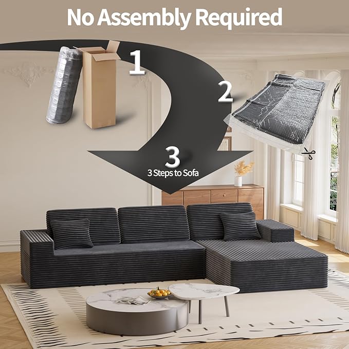 109 L Shaped Cloud Modular Sectional Couch w/Lounge Chaise Plush Corduroy Boneless Couch in a Box Comfy Modern Modular Sectional Sofa for Living Room Bedroom Apartment Corner (Grey Right Facing)