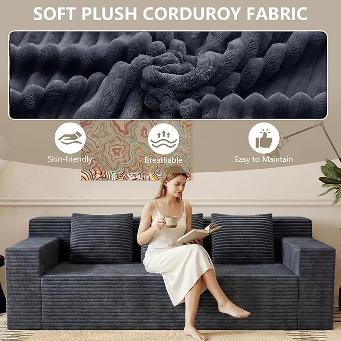 71 Love Seat Couches Corduroy Boneless Loveseat with Deep Seats 2 Seat Couch Apartment Size Couch with 3 Pillows&ampSide Pockets for Bedroom Office No Assembly Required Dark Gray