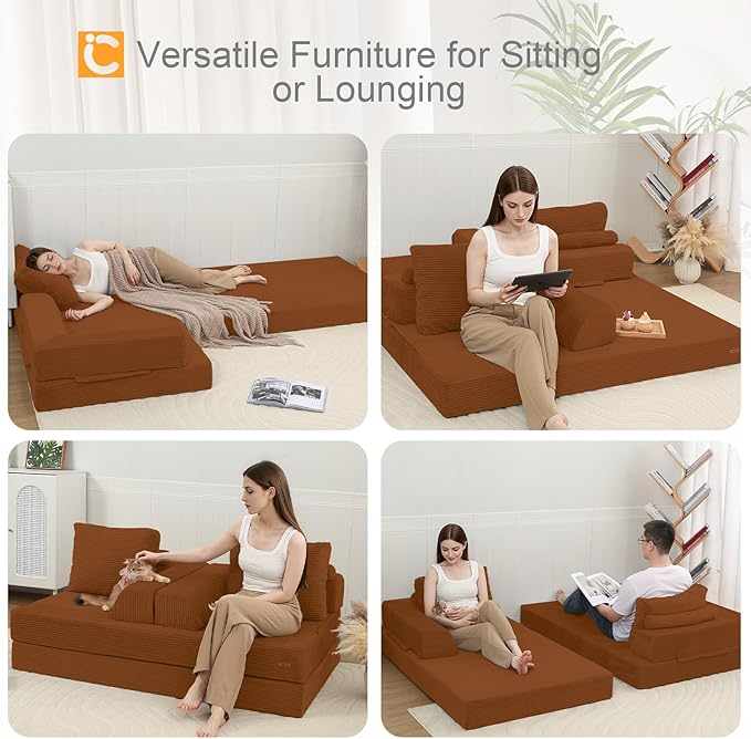 COMAX Convertible Sofa Bed Folding Floor Couch Corduroy Fold Out Couch Bed Futon Sleeper Mattress with Pillows Boneless Sofa Comfy Lounge Loveseat for Living Room Bedroom Orange