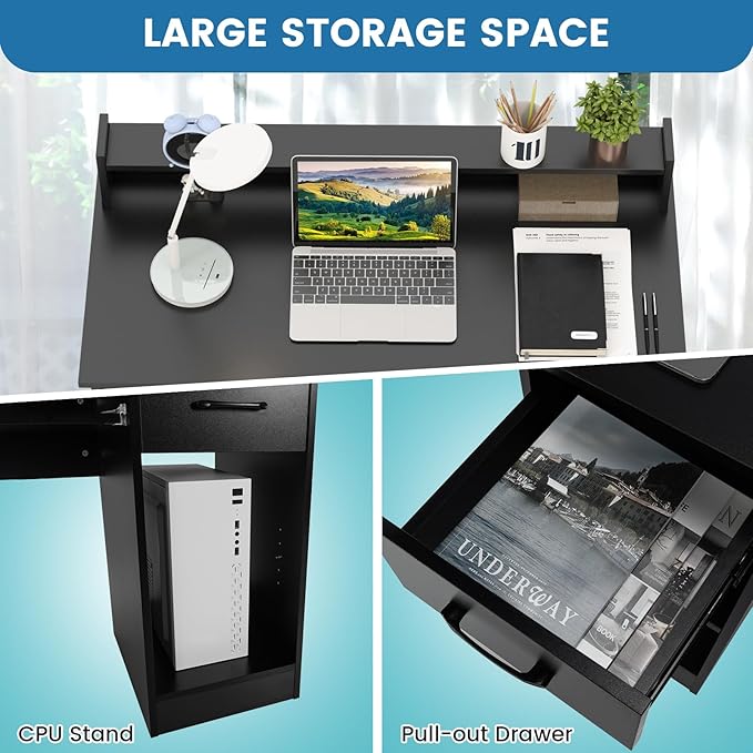 HAPPYGRILL Computer Desk with Monitor Stand Home PC Office Desk with Keyboard Tray Drawer &amp CPU Stand Study Writing Desk Home Workstation Desk with Display Shelf