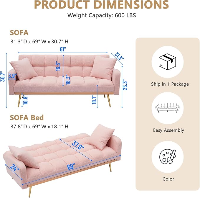 Teddy Futon Sofa Bed69 Modern Small Love Seat Couch for Small SpacesConvertible Tufted Sleeper Sofa Loveseat Couch Bed with Gold Metal Legs for Living RoomBedroomApartment (Teddy Pink)