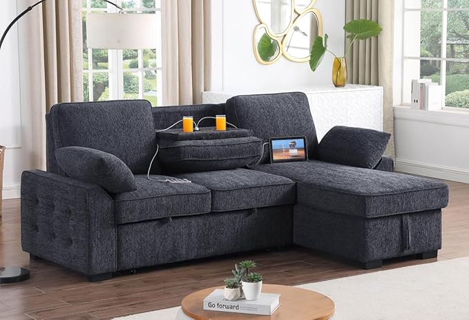 Lilola Home Mackenzie 91-inch Chenille Fabric Reversible Sleeper Sectional Sofa with Storage Chaise Drop-Down Table Cup Holders &amp USB/USB-C Charging Ports Easy Assembly Living Room — Charcoal