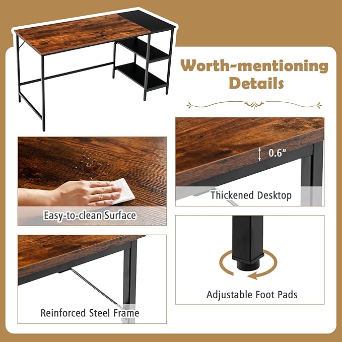 COSTWAY 55” Computer Desk PC Laptop Desk with Storage Shelves Large Computer Desk with Splice Board Adjustable Foot Pads Industrial Home Office Desk for Writing Study Game (Rustic Brown)