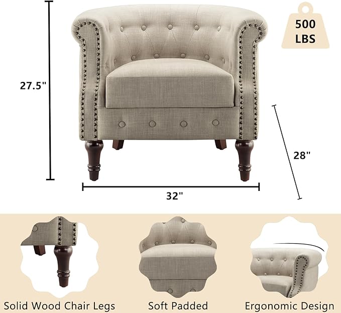 Comfy Fabric Barrel Chair Armchair with Soft Padded Classical Club Chair with Thicken Cushion Upholstered Tub Chair Reading Chair for Living Room Bedroom Waiting Room Office Beige