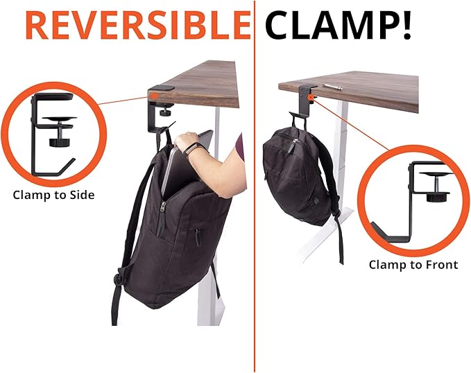 Stand Up Desk Store Clamp-On Under Desk Headphone Hanger Backpack Hook and Purse Holder - Black