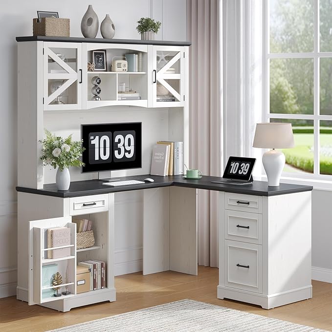 ONBRILL 72 L-Shaped Executive Desk with Hutch Farmhouse L-Shaped Computer Desk with 4 Drawers File Drawer and Power Outlet Home Office Computer Desk for Living RoomStudy Room (Off White&amp Blac