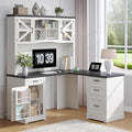 ONBRILL 72 L-Shaped Executive Desk with Hutch Farmhouse L-Shaped Computer Desk with 4 Drawers File Drawer and Power Outlet Home Office Computer Desk for Living RoomStudy Room (Off White&amp Blac