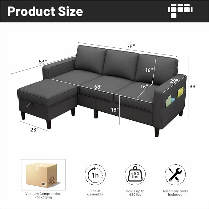 Youmumeub Sectional Couches for Living Room - Convertible Sofa and Storage Bench79''Modern Corner ConfigurationSuitable for Living Room Apartment Bedroom and Office-Gray | Reversible Chaise Rever