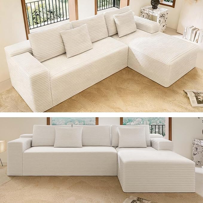 104 White Boneless Couch with Chaise Sectional Couches for Living Room L Shaped Couch 4 Seat SofaCompression Sofa for Bedroom Comfy No Assembly Corduroy(White Right)