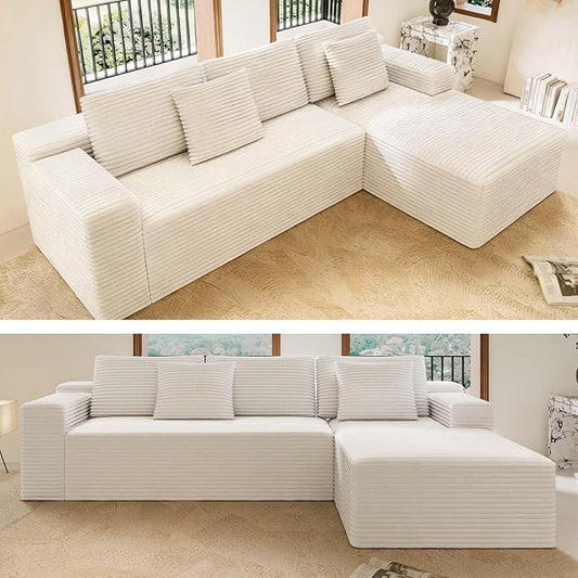 104 White Boneless Couch with Chaise Sectional Couches for Living Room L Shaped Couch 4 Seat SofaCompression Sofa for Bedroom Comfy No Assembly Corduroy(White Right)