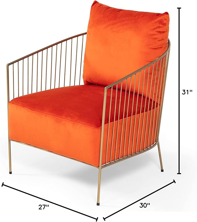 Limari Home Margaux Collection Glam Style Living Room Velvet Fabric Upholstered Accent Chair with Gold Frame &amp Legs Orange
