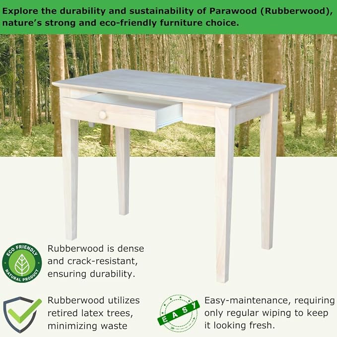 Unfinished Solid Parawood Writing Table 36W x 20D x 30H Eco-Friendly Home Office Desk with Drawer Paint or Stain It Your Way Reception Desk School Desk Office Furniture for Small Spaces
