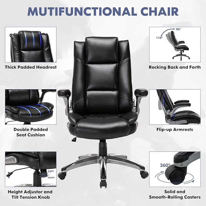 COLAMY Leather Executive Office Chair - High Back Home Computer Desk Chair with Padded Flip-up Arms Adjustable Tilt Lock Swivel Rolling Ergonomic Chair for Adult Working Study Black