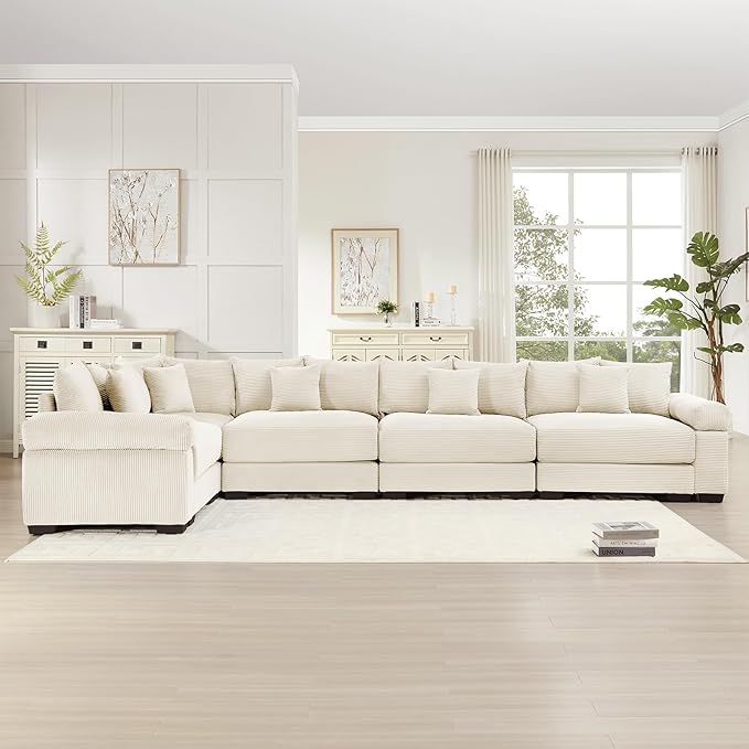155.3 Oversized Modular Sectional Sofa Corduroy Large Sectional Couches for Living Room 4 Seater Couches Modern Deep Seat Sofa Set with Chaise White