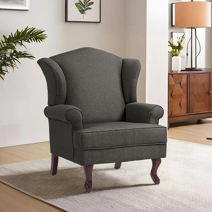 Accent Chair High Back Upholstered Armchair with High Resilience Sponge &amp Wood Legs Mid-Century Modern Comfy Single Sofa Reading Chairs for Living Room Bedroom (Dark Grey Set of 1)