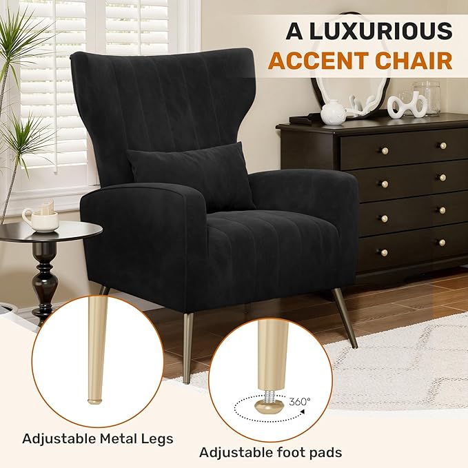 Velvet Accent Chair Wingback for Living Room High Back Arm Chair with Golden Legs Lumbar Pillow Upholstered Single Sofa Bedroom Black