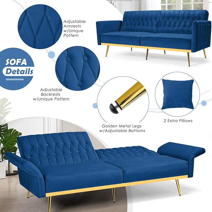 70 Velvet Futon with Adjustable Backrest and Armrests Sofa Bed with Extra Pillows for Waiting Room Living Room and Office Blue
