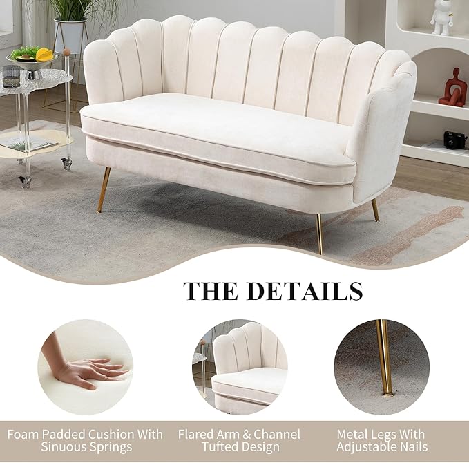 59 Wide Loveseat Sofa Chenille Upholstered Small Couch with Gold Metal Legs Modern Leisure Sofa with Petal-Shaped Design Mini Room Couch for Bedroom Apartment (Beige-Chenille)