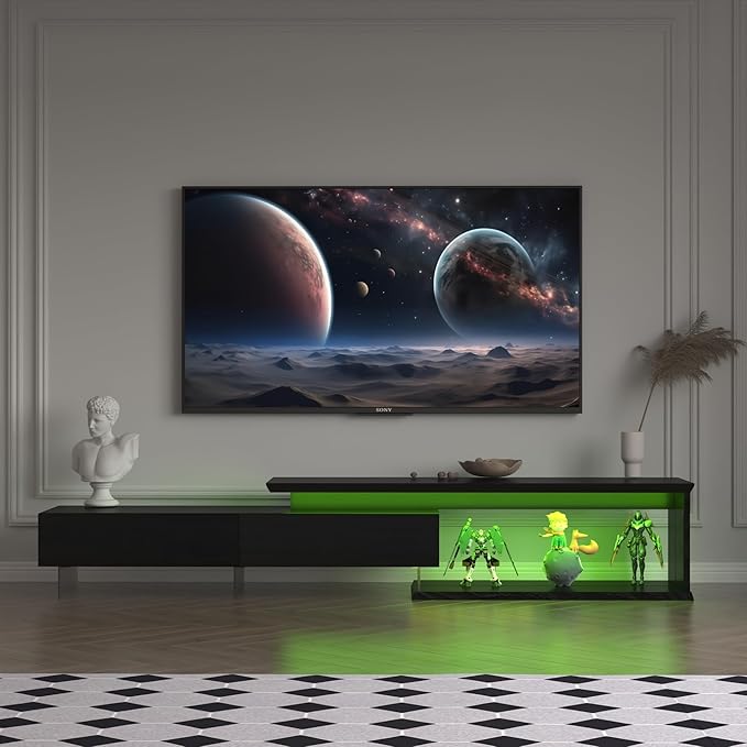 LED TV Stand for 55–90 Inch TVs Extendable Entertainment Center with LED Lights Modern TV Console with Storage Stylish Design TV Cabinet with 2 Pull-Down Doors Media Shelf for Living Room Black