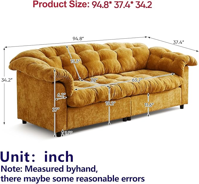 99.2 Cloud Couch Sofa for Living Room 3-Seater Oversized Couches with Thickened Armrests Plush Chenille Fabric &amp Deep Seat Cushions Sofa Modern Comfy Couches for Bedroom Office (Yellow)