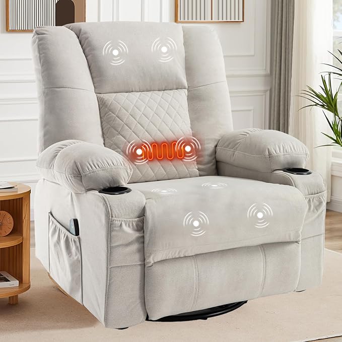 Rocker Recliner Chair with Heat and Massage Wide Seat Overstuffed Fabric Reclining Chair for Living Room Nursery Glider Rocking Chair Swivel Recliner with Cup Holder White