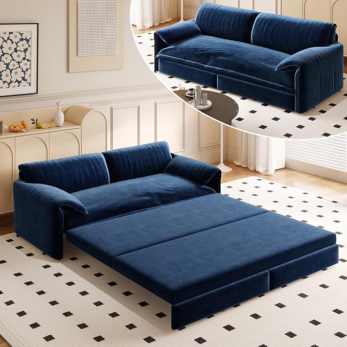 GNIXUU 66 Queen Pull Out Sofa Bed Velvet Convertible Sleeper Sofa Couch with Side Storage Comfy Cloud Futon Bed Pull Out Couch for Living Room Apartment Small Space(Blue)